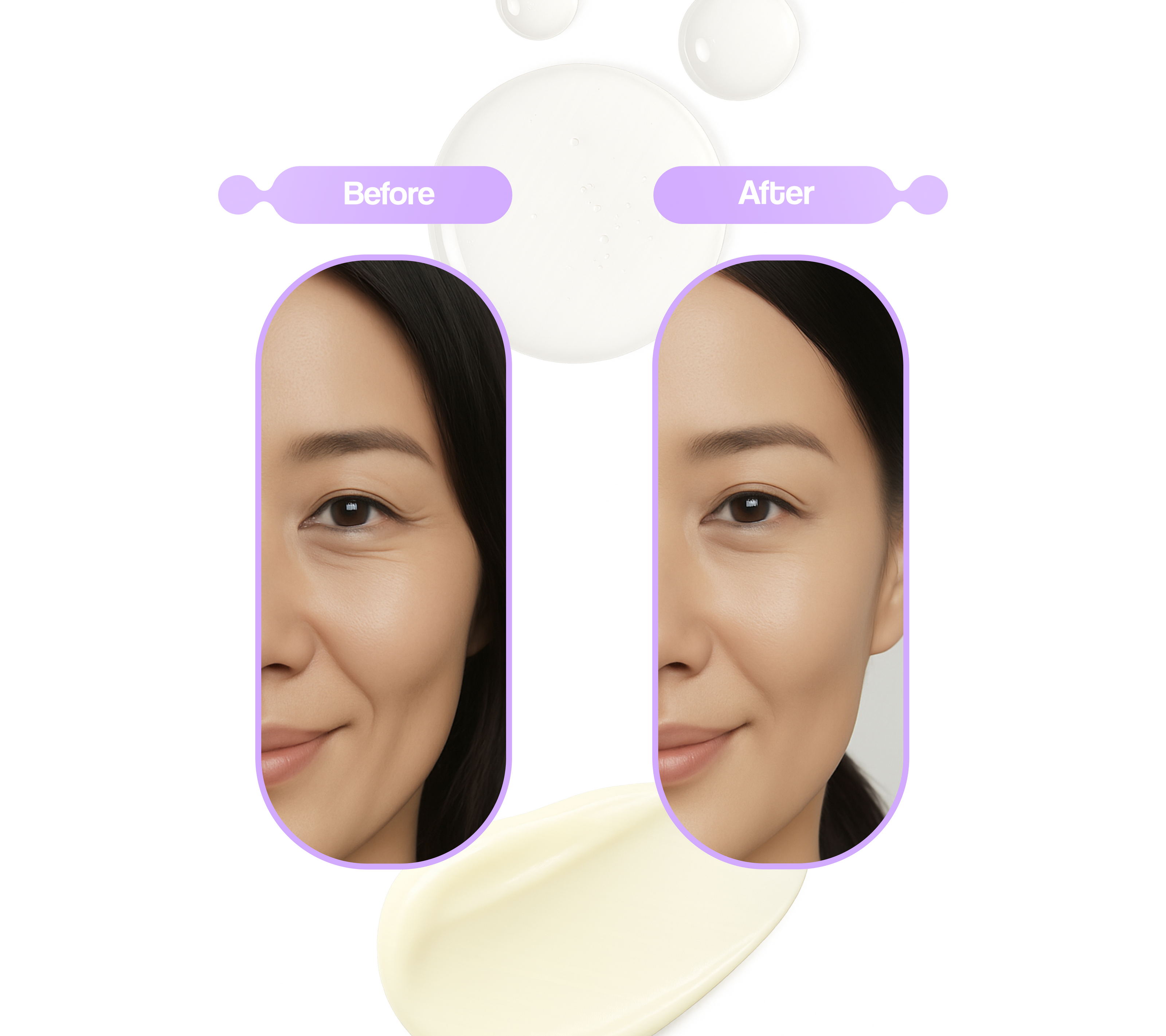 Before and after comparison of a woman's face with a Lunérel Mystical Radiance Serum