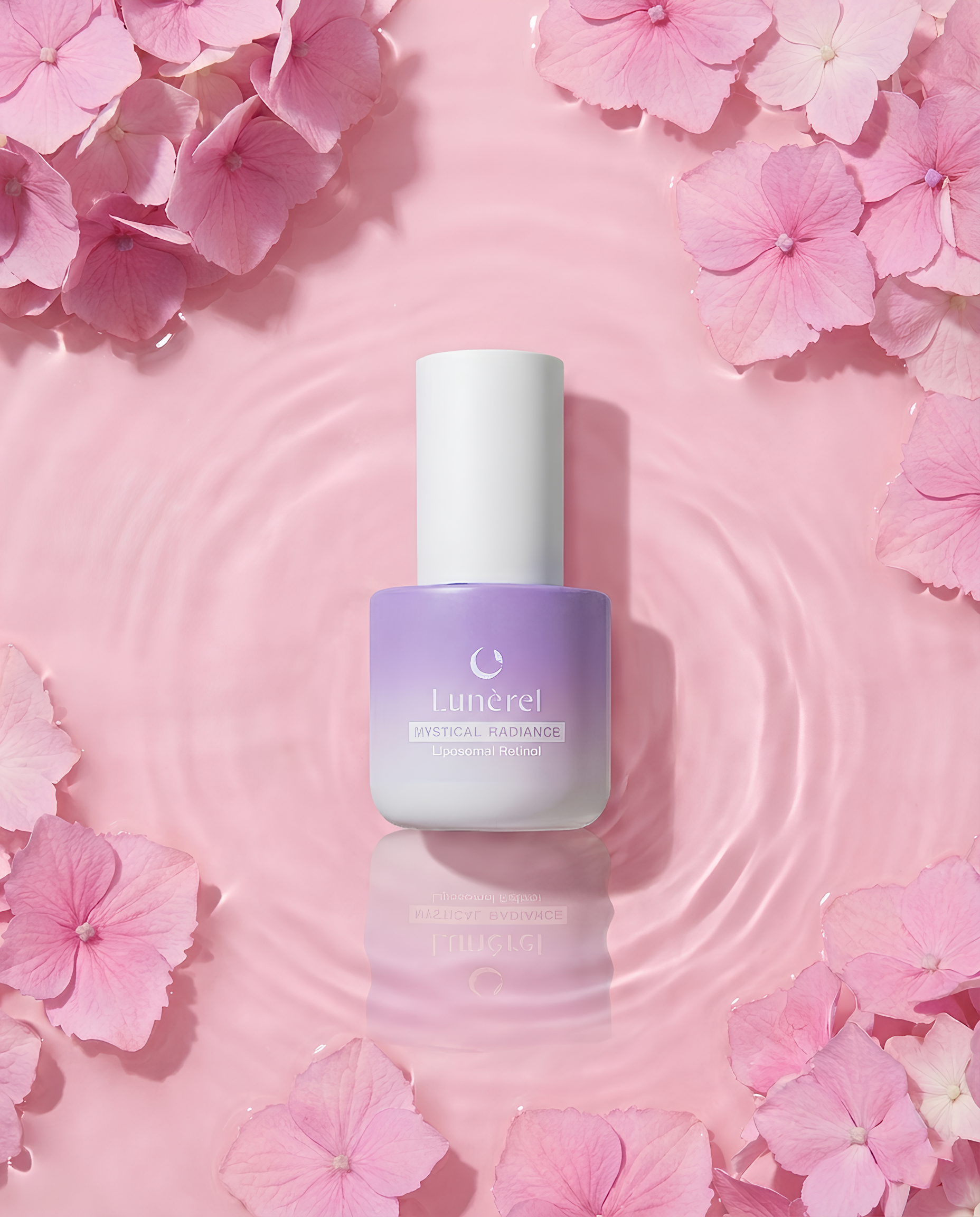 Lunérel Mystical Radiance Serum bottle on pink water background with flowers