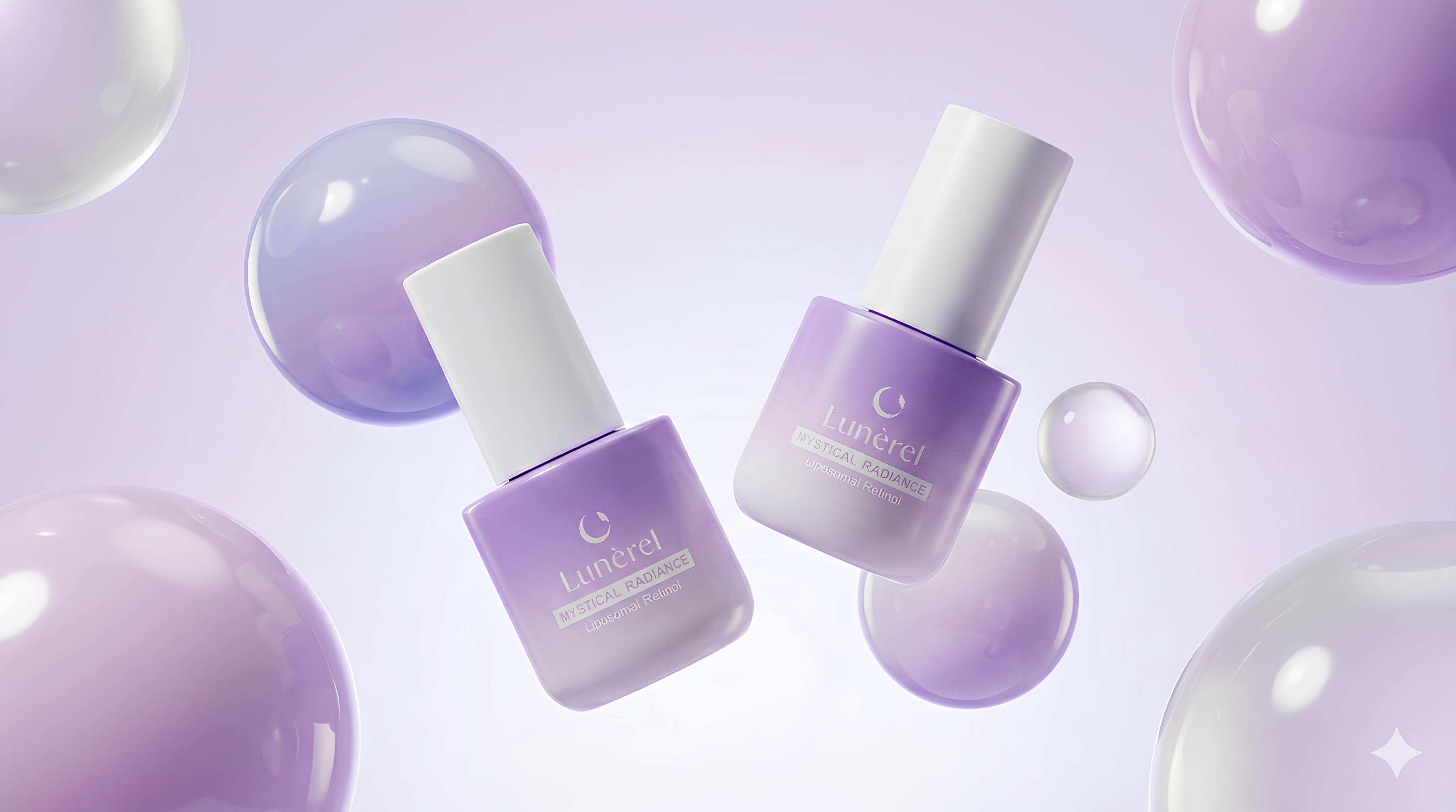 Lunérel Mystical Radiance Serum bottles with liposomal retinol in floating composition