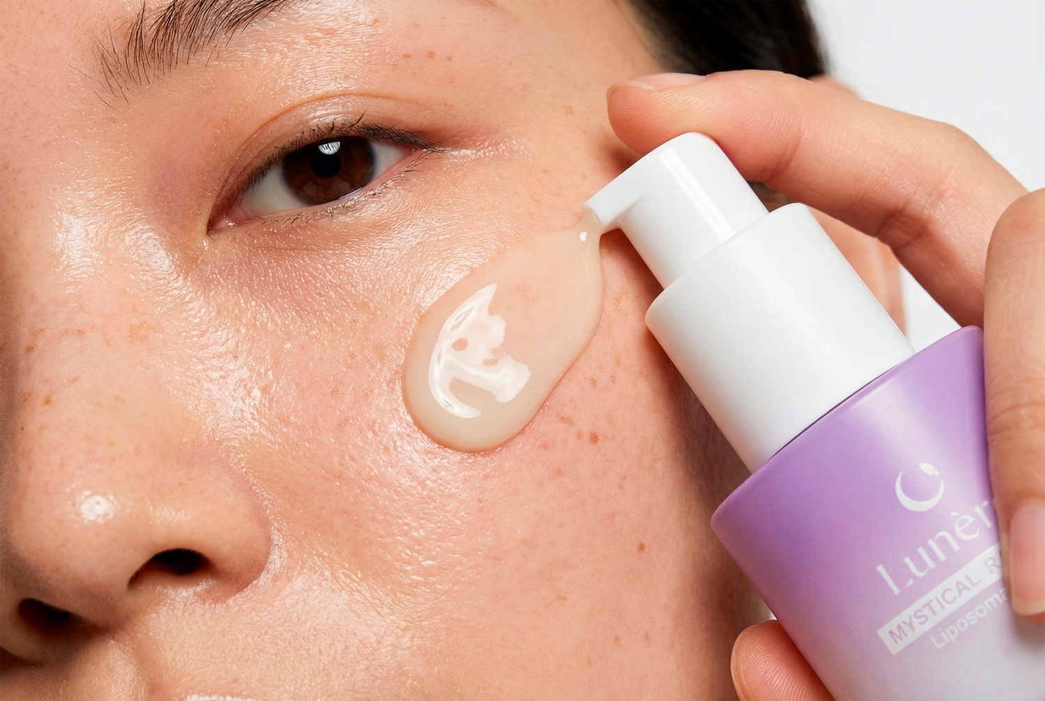 Close-up of Lunérel Mystical Radiance Serum texture applied to skin, liposomal retinol