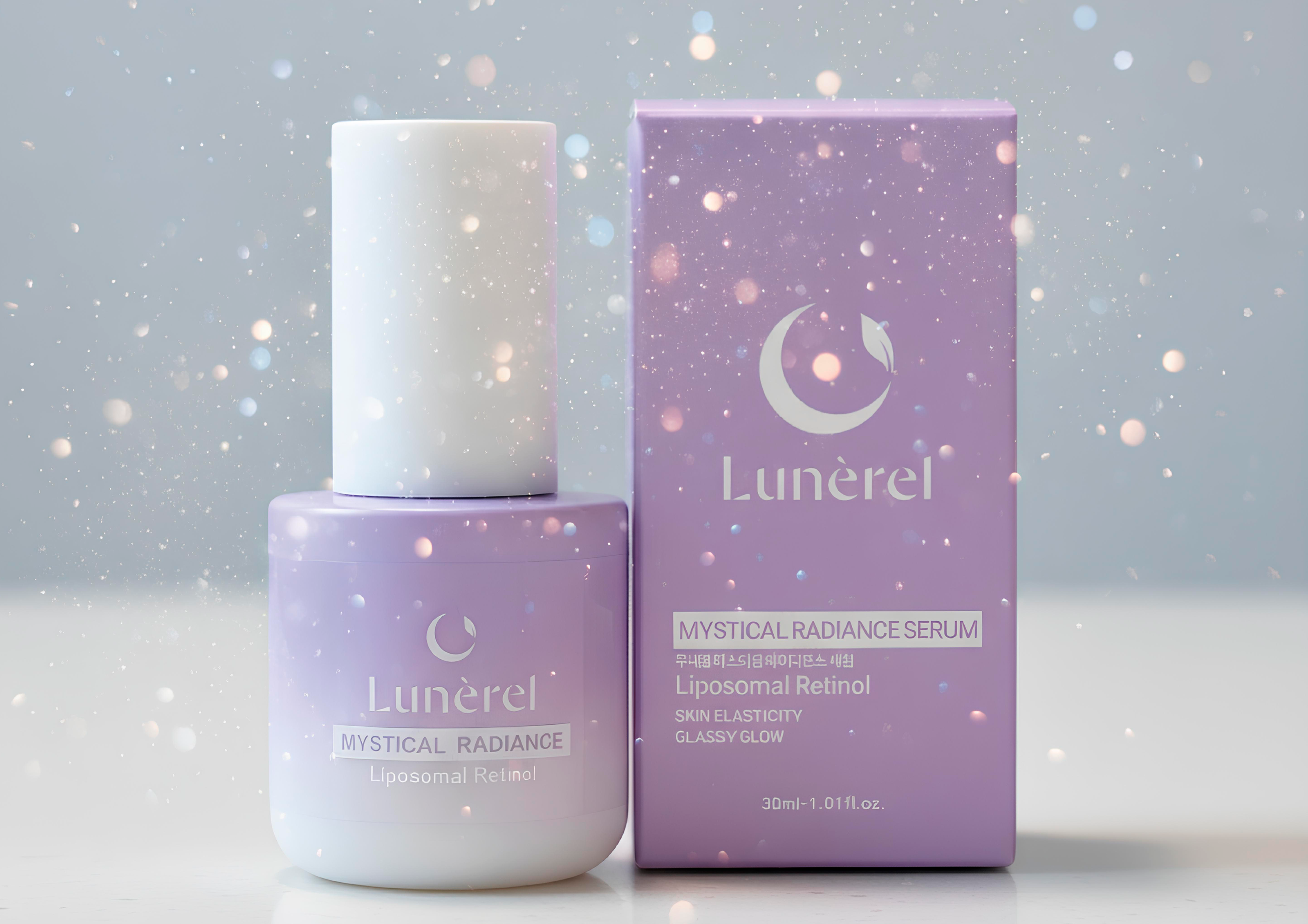 Lunèrel serum bottle and packaging on a light gray background