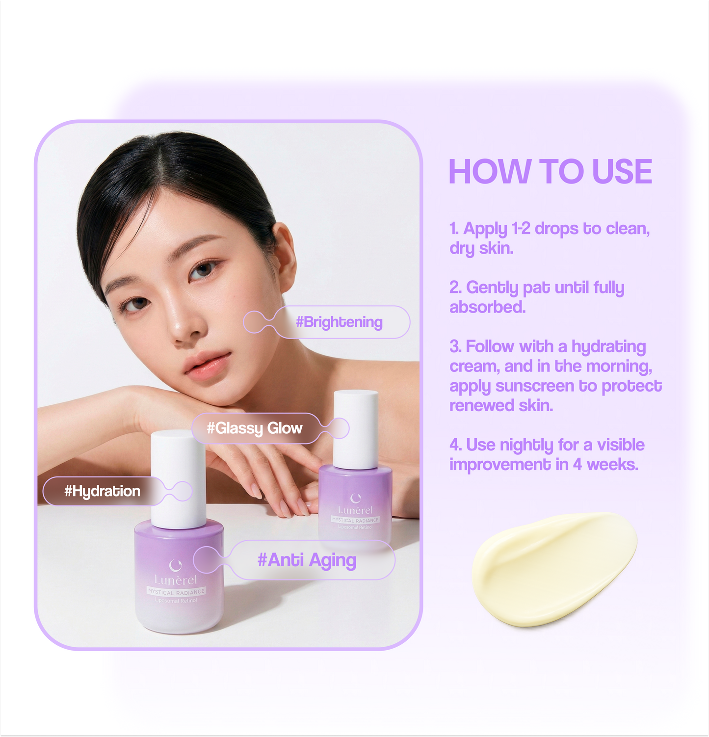Cosmetic product with application instructions and a woman's face on a light purple background